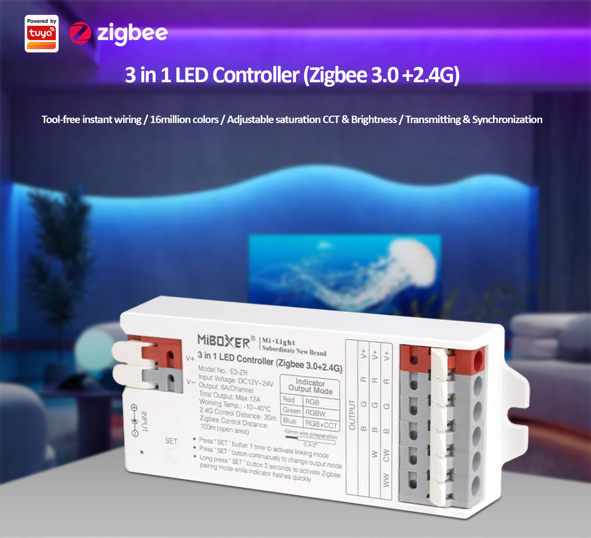 RGB+W+CCT 3-in-1 Controller DC12-24V 12A + ZigBee/RF 🎨