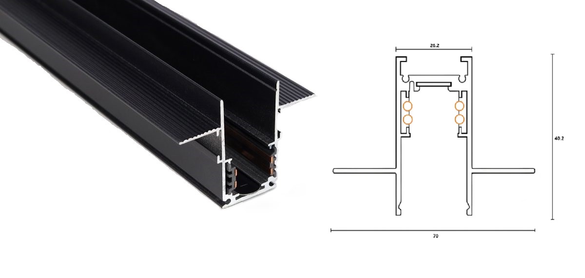 The black aluminium magnetic profile, 1m, for drywall mounting is displayed next to the technical drawing with dimensions