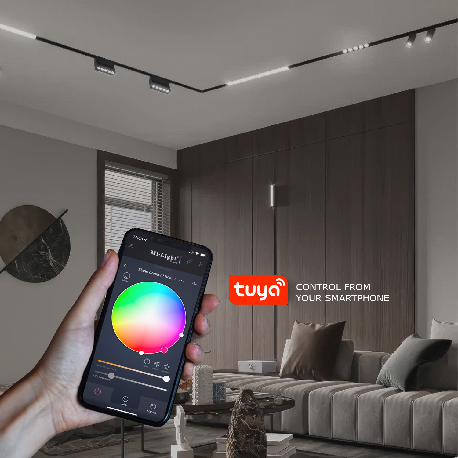 A person uses a smartphone to control the MiLight luminaires in a cosy living room.