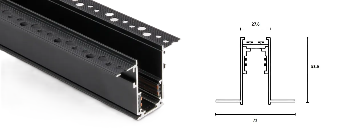 A black aluminum magnetic track profile, 3m, designed for mounting under plaster is displayed next to a technical drawing with dimensions