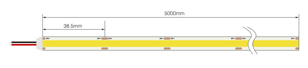 Schematic representation of Mi-Boxer CSL2N02H, 5000 mm long and 38.5 mm cutting width, with two wires for connection.