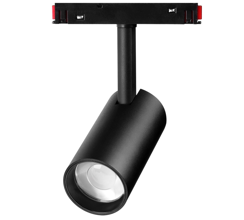 Elegant black magnetic track light with 6W power and 2.4GHz connection on a white background