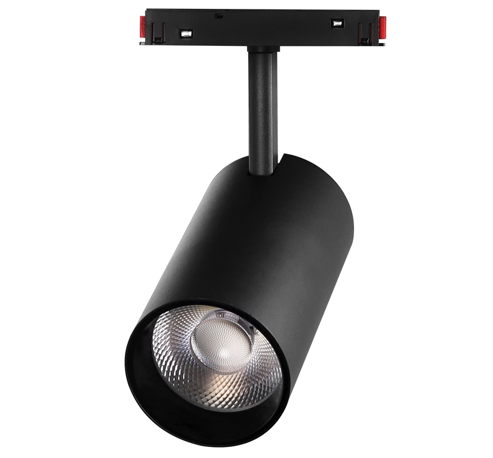 Elegant black 25W magnetic track light RGB+CCT with 2.4 GHz connection, ZigBee and DMX512 support on a white background