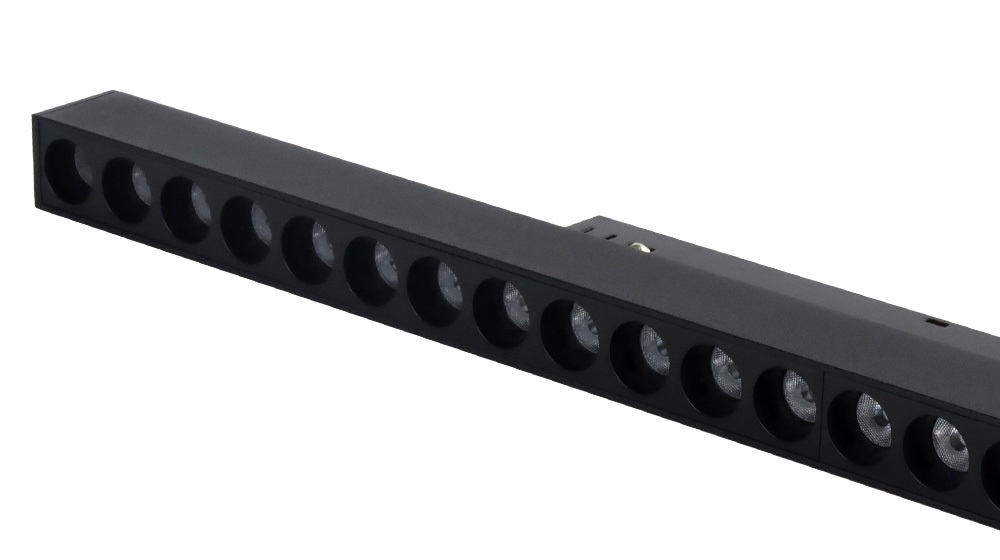 Black linear magnetic lamp dot grille 20W CCT with 2.4 GHz connection on a white background.