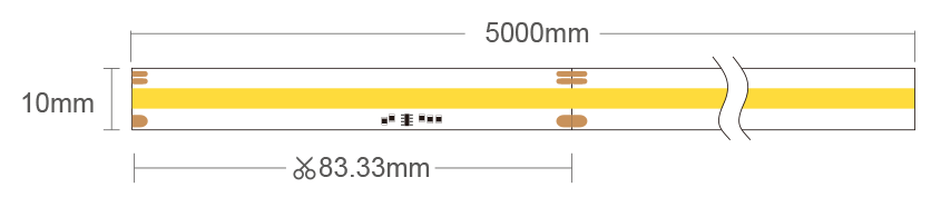 Иллюстрация светодиодной ленты SPI1N01C длиной 5000 мм, кратностью реза 83.33 мм и шириной PCB 10 мм
