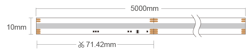 Иллюстрация светодиодной ленты SPI4N01C длиной 5000 мм, кратностью реза 71.42 мм и шириной PCB 10 мм