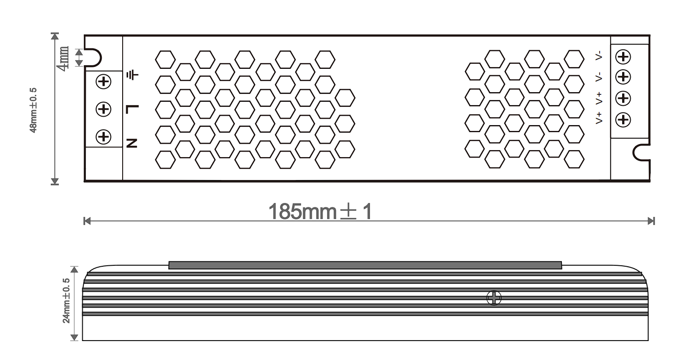 Illustration showing the dimensions of a 150 W, 24 V power supply unit from Smart Systems Group.