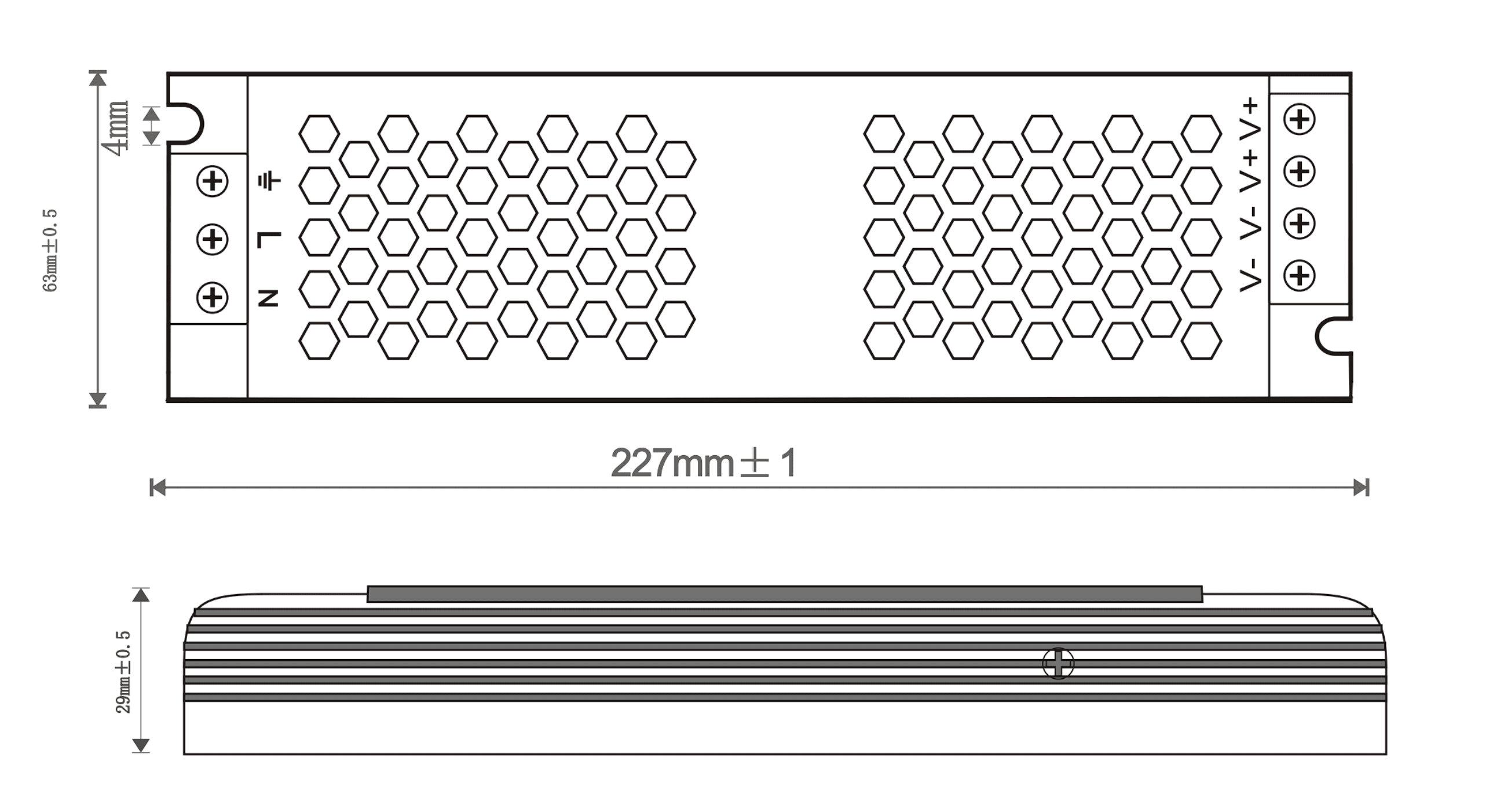 Illustration depicting the dimensions of a Power Supply Unit 350W, 24V by Smart Systems Group.