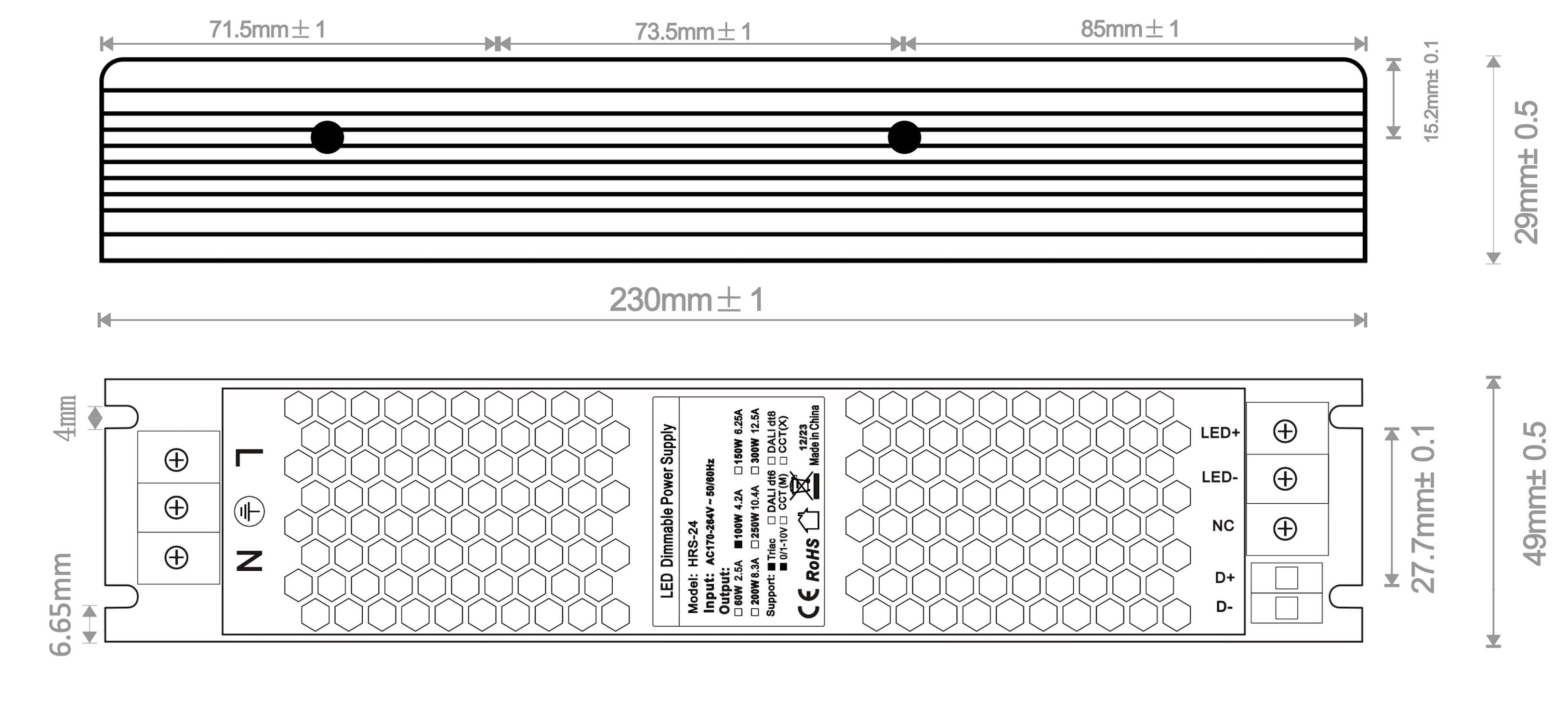 Diagram of a Smart Systems Group LED power supply, 100W, 24V, IP20, featuring dimming support.