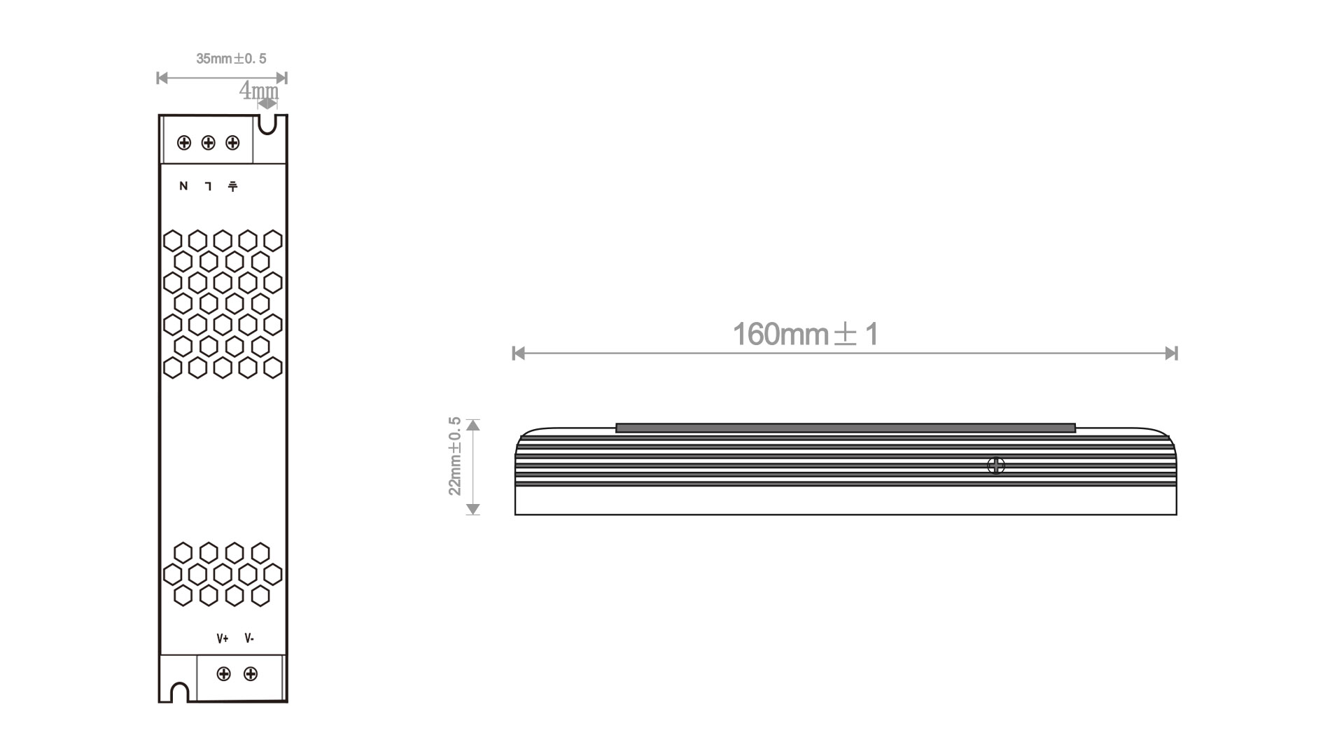 Dimensions of Power Supply SSG SSGL-60-24: length 160 mm, width 35 mm, height 22 mm